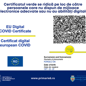 Certificatul verde se ridică pe loc de către persoanele care nu dispun de mijloace electronice adecvate sau nu au abilități digitale